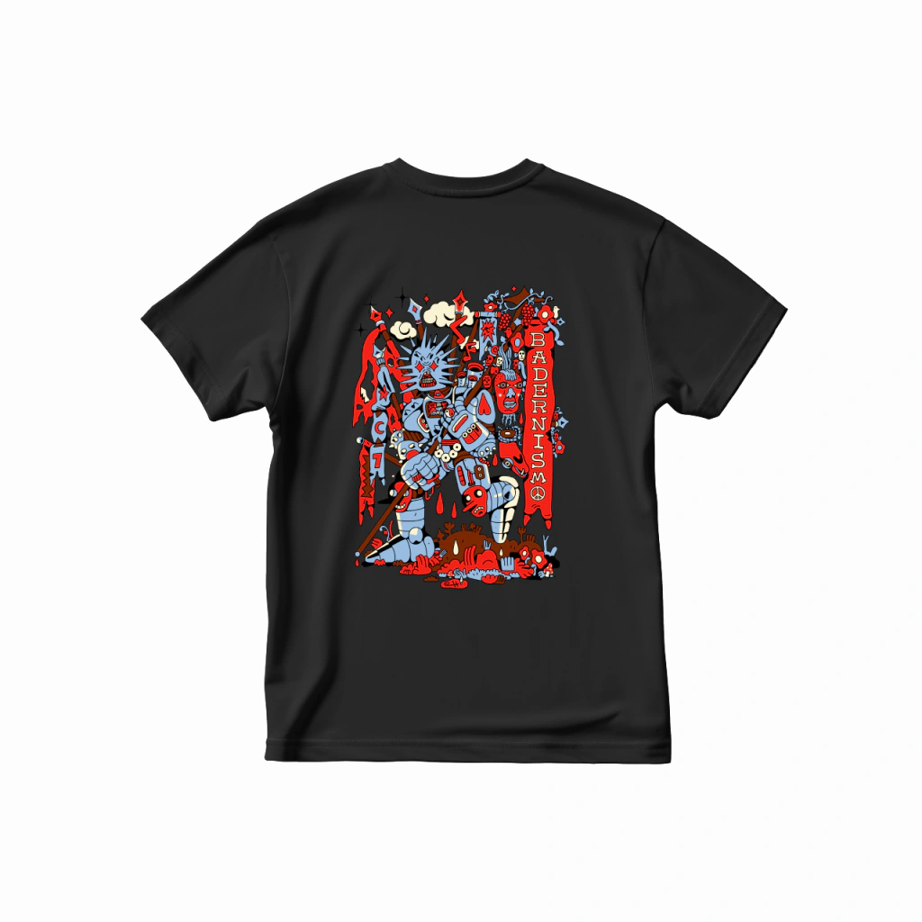 Costas da camiseta preta com ilustração detalhada em vermelho e azul e a palavra BADERNISTA na vertical.