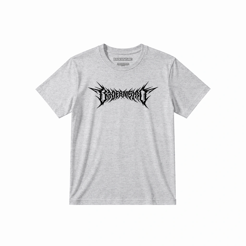 Camiseta cinza mescla com o logotipo Badernismo em letras de estilo metal extremo, por Christophe Szpajdel.