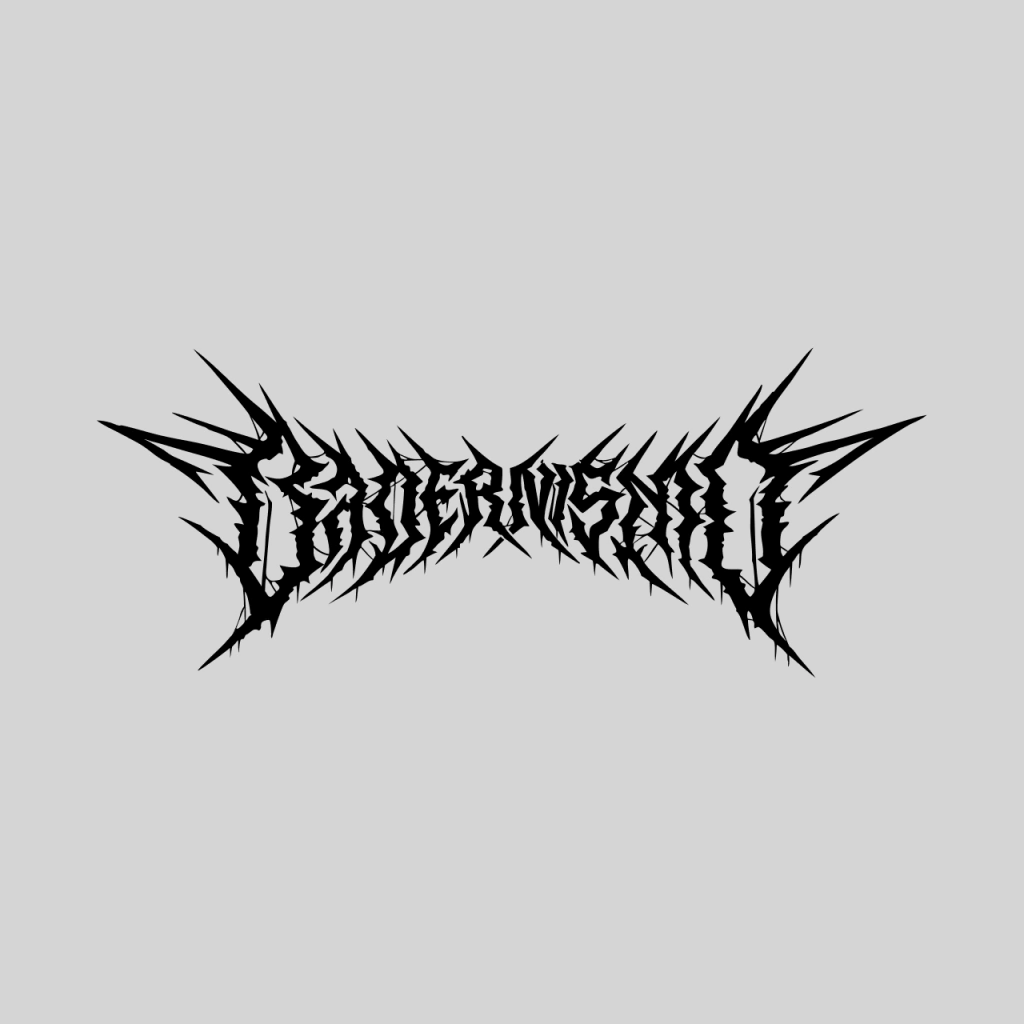 Estampa Badernismo desenhada por Christophe Szpajdel: letras afiadas e entrelaçadas, em preto.