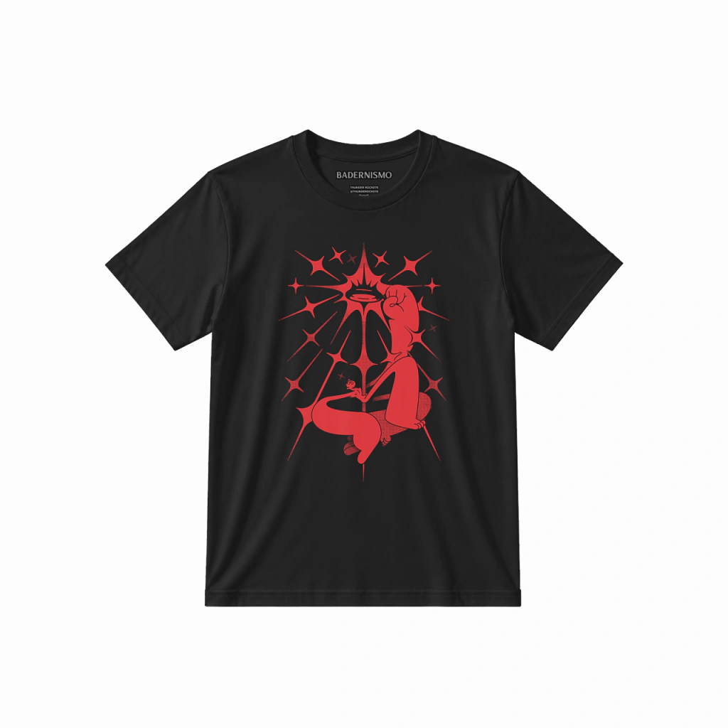 Camiseta preta com ilustração vermelha de uma figura de punho erguido cercada de estrelas, da série Pleasure, de Thunder Rockets.
