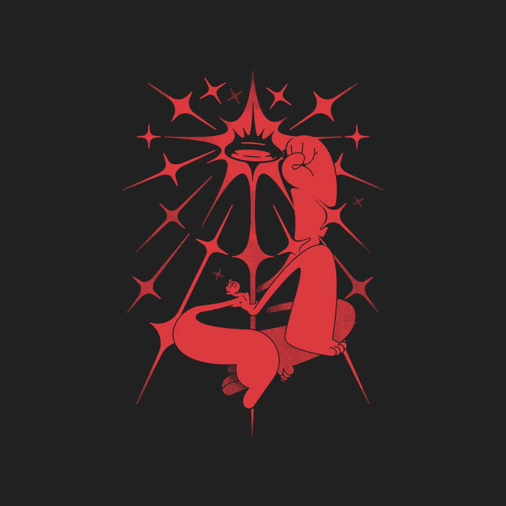 Ilustração vermelha da série Pleasure, de Thunder Rockets: figura sentada de punho erguido, cercada por estrelas.