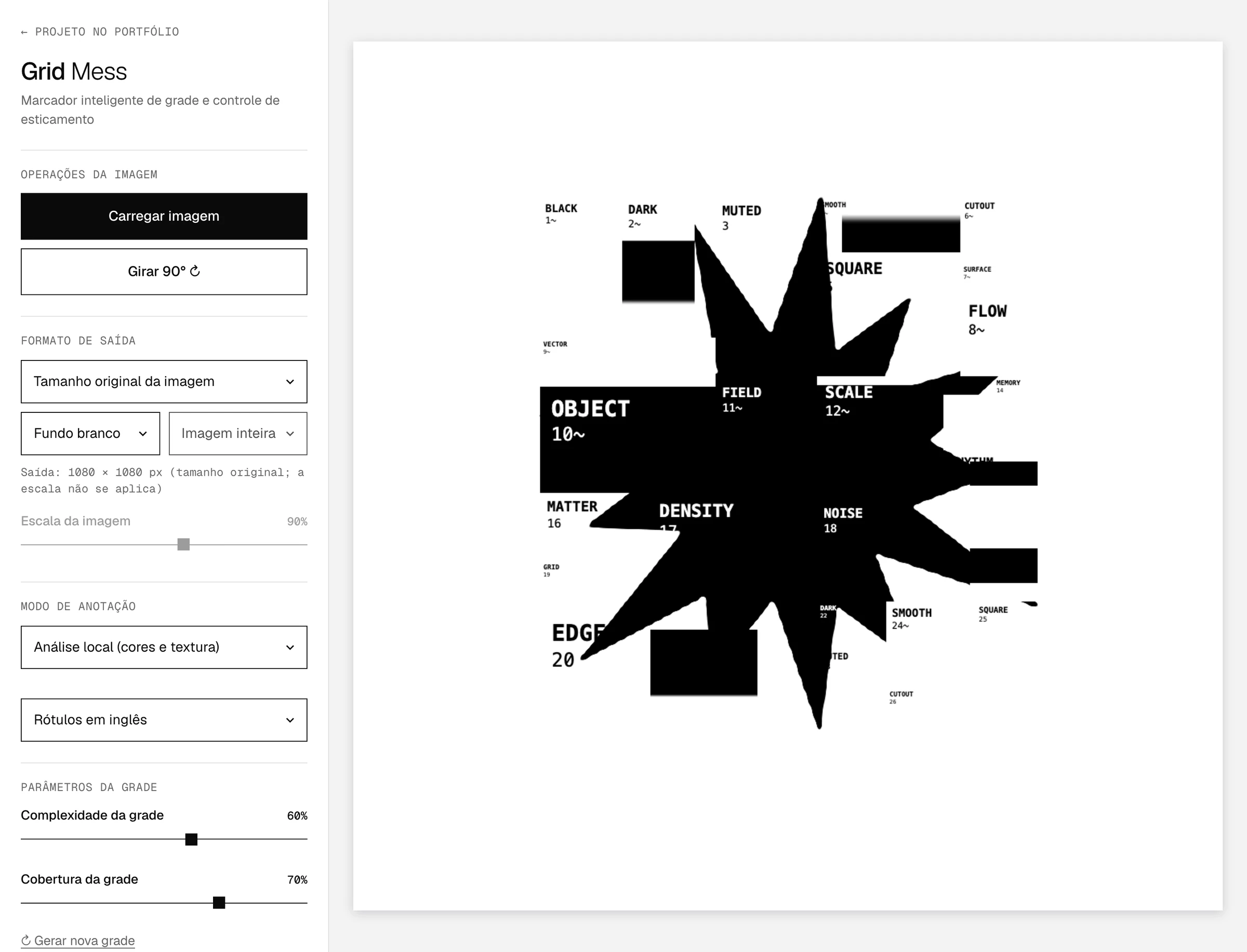 Tela completa da ferramenta Grid Mess com a estrela de exemplo carregada: painel com operações da imagem, formato de saída, modo de anotação, parâmetros da grade e opções de esticamento.