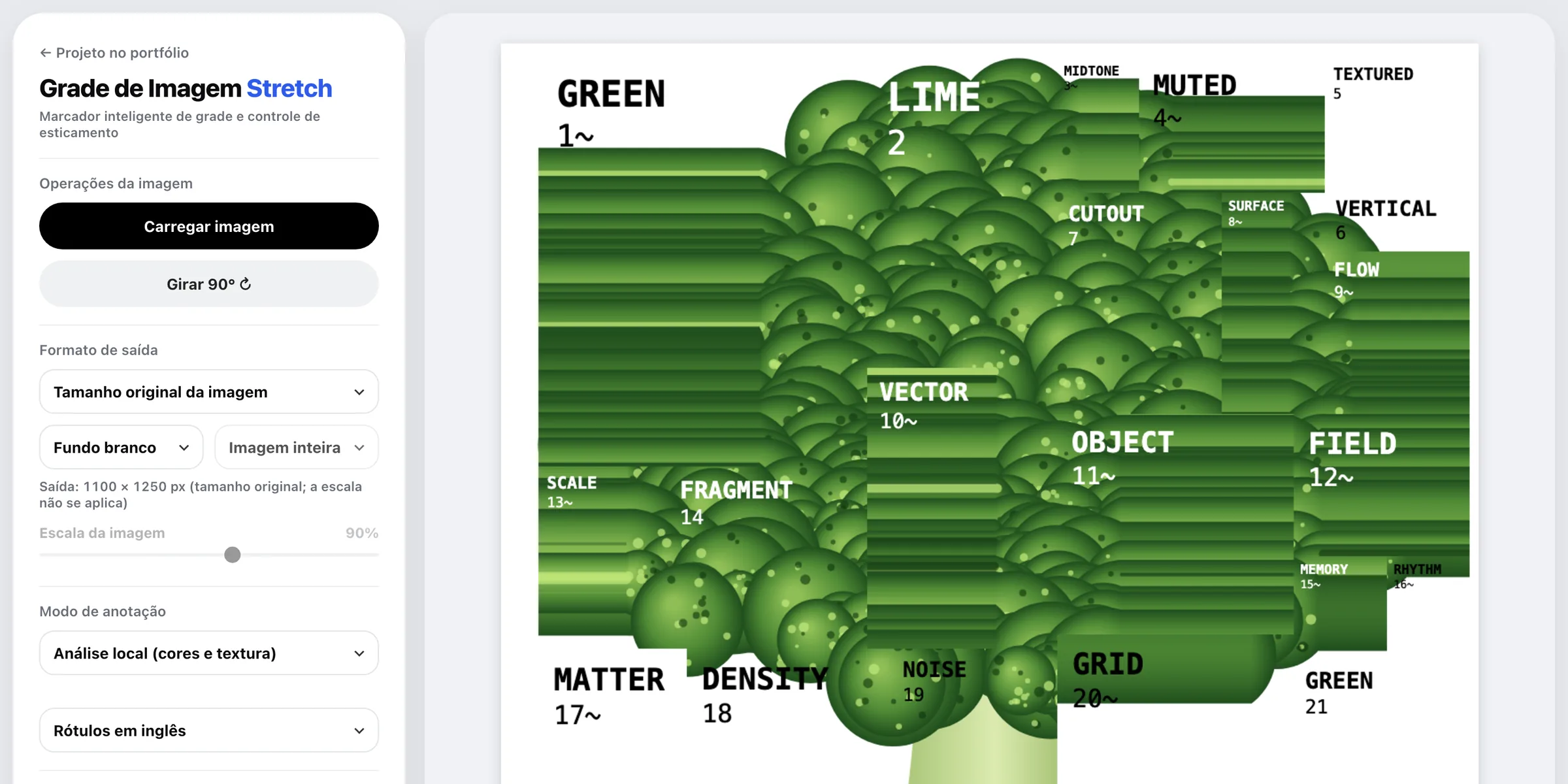Interface da ferramenta Grid Stretch: painel de controles à esquerda e, à direita, a ilustração de uma árvore verde recortada em blocos esticados, com rótulos em caixa-alta.