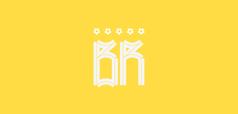 Monograma BR com cinco estrelas, em branco, sobre fundo amarelo.