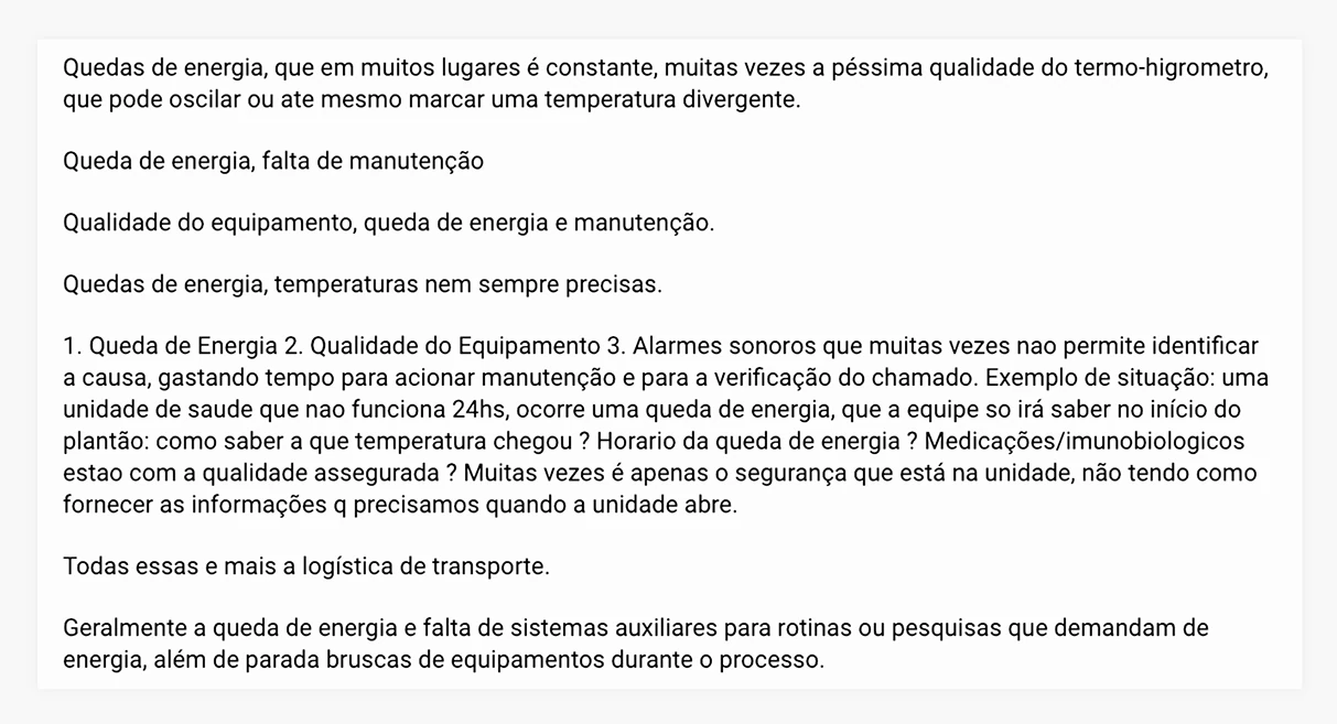 Respostas abertas do formulário sobre as principais dores: quedas de energia, qualidade do termo-higrômetro, falta de manutenção e alarmes que não identificam a causa.