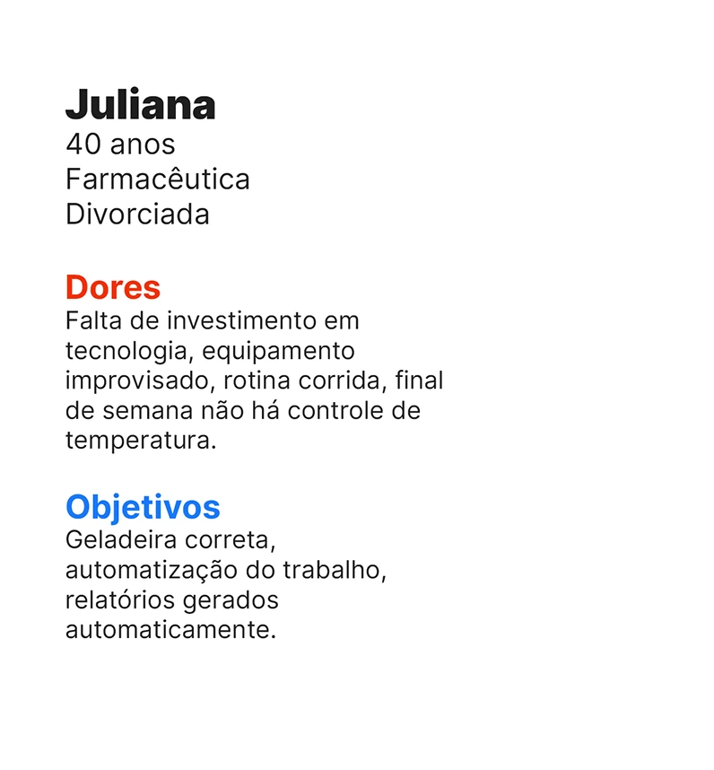 Cartão-resumo da entrevista com Juliana, 40 anos, farmacêutica. Dores: falta de investimento em tecnologia, equipamento improvisado, rotina corrida e ausência de controle de temperatura nos fins de semana. Objetivos: geladeira correta, automatização do trabalho e relatórios gerados automaticamente.