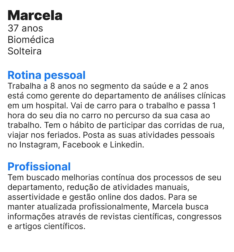 Persona de gestão: Marcela, 37 anos, biomédica, solteira. Cartão com rotina pessoal e perfil profissional.