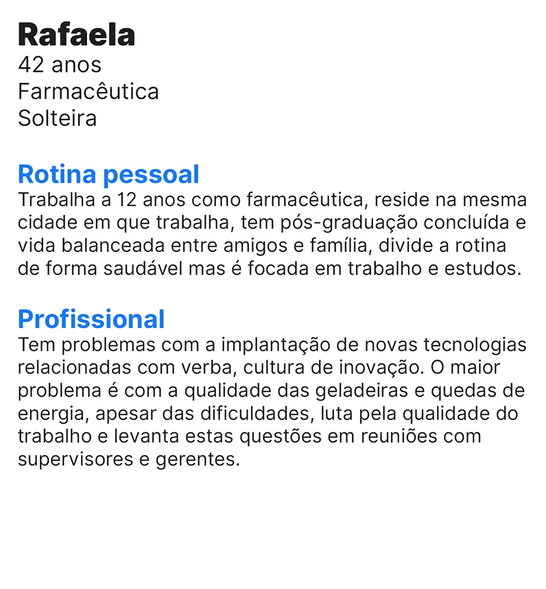 Persona operacional: Rafaela, 42 anos, farmacêutica, solteira. Cartão com rotina pessoal e perfil profissional.