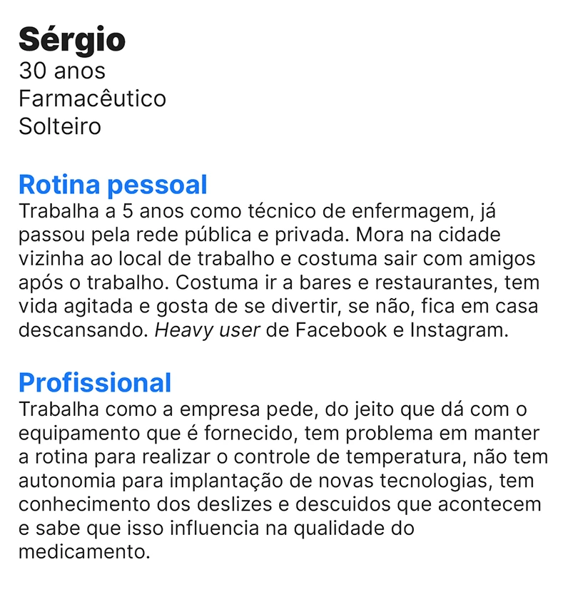 Persona operacional: Sérgio, 30 anos, solteiro. Cartão com rotina pessoal e perfil profissional.