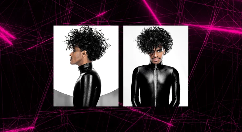 Dois retratos de Rico Dalasam de macacão preto, de perfil e de frente, sobre fundo preto com linhas de neon rosa.