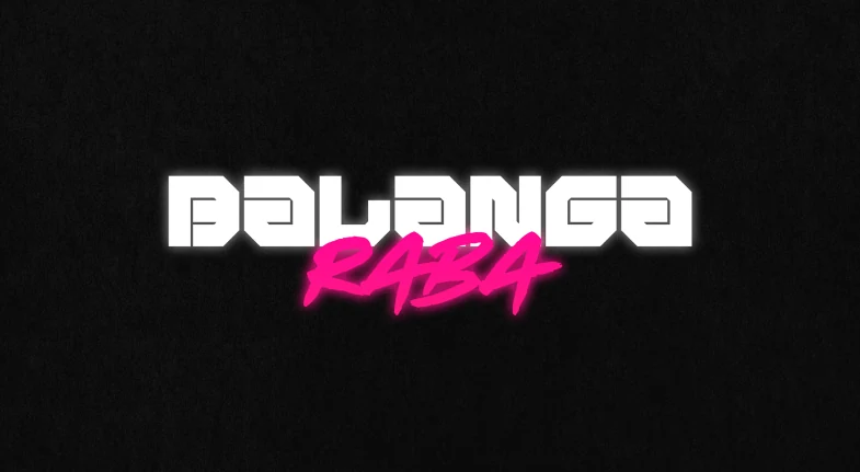 Logotipo Balanga Raba: BALANGA em letras brancas e RABA em script rosa neon, sobre fundo preto.