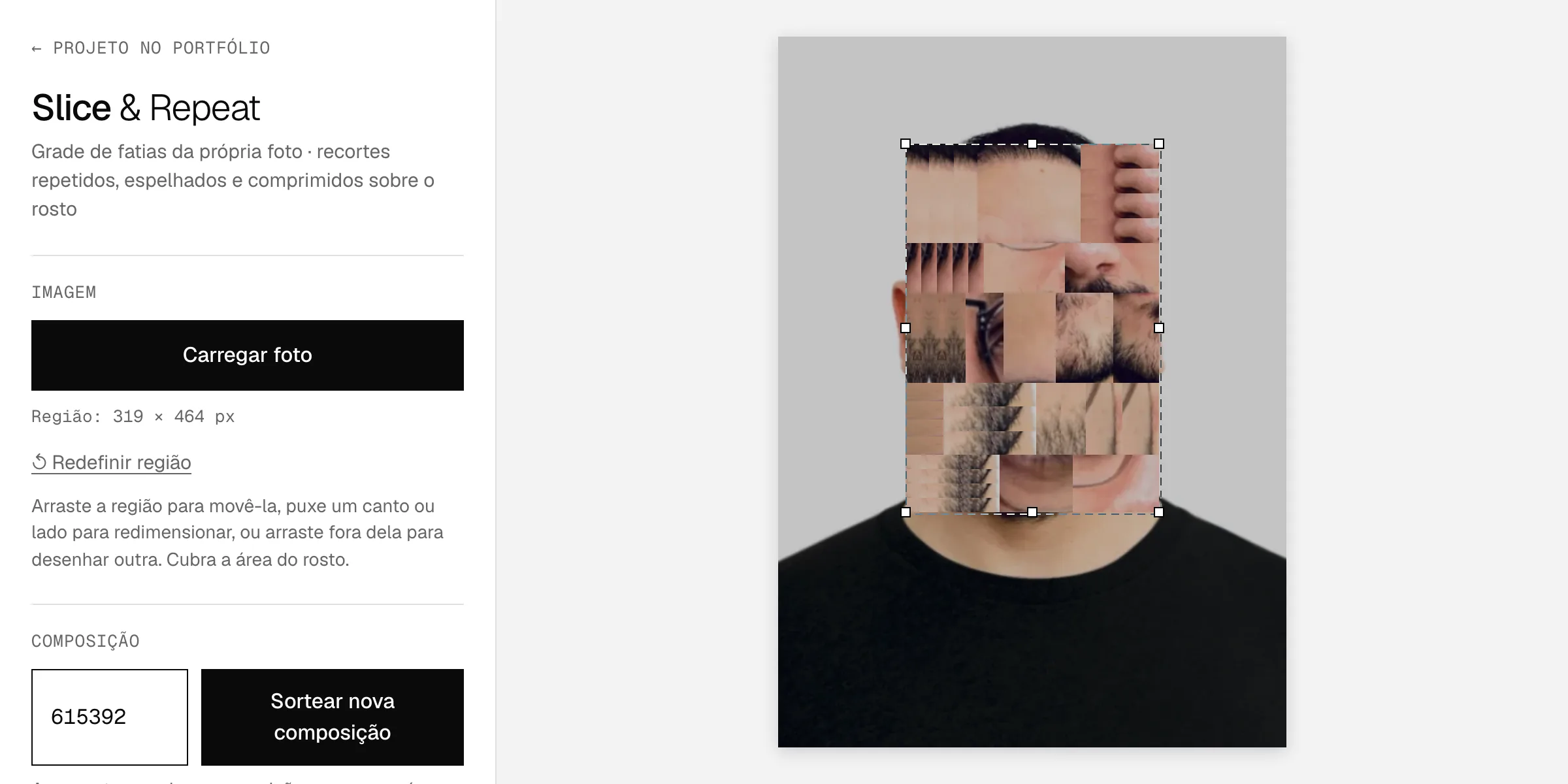 Interface da ferramenta Slice & Repeat: painel de controles à esquerda e, à direita, o retrato de um homem de óculos com uma grade de fatias do próprio rosto sobre a testa, o nariz, a barba e o queixo.
