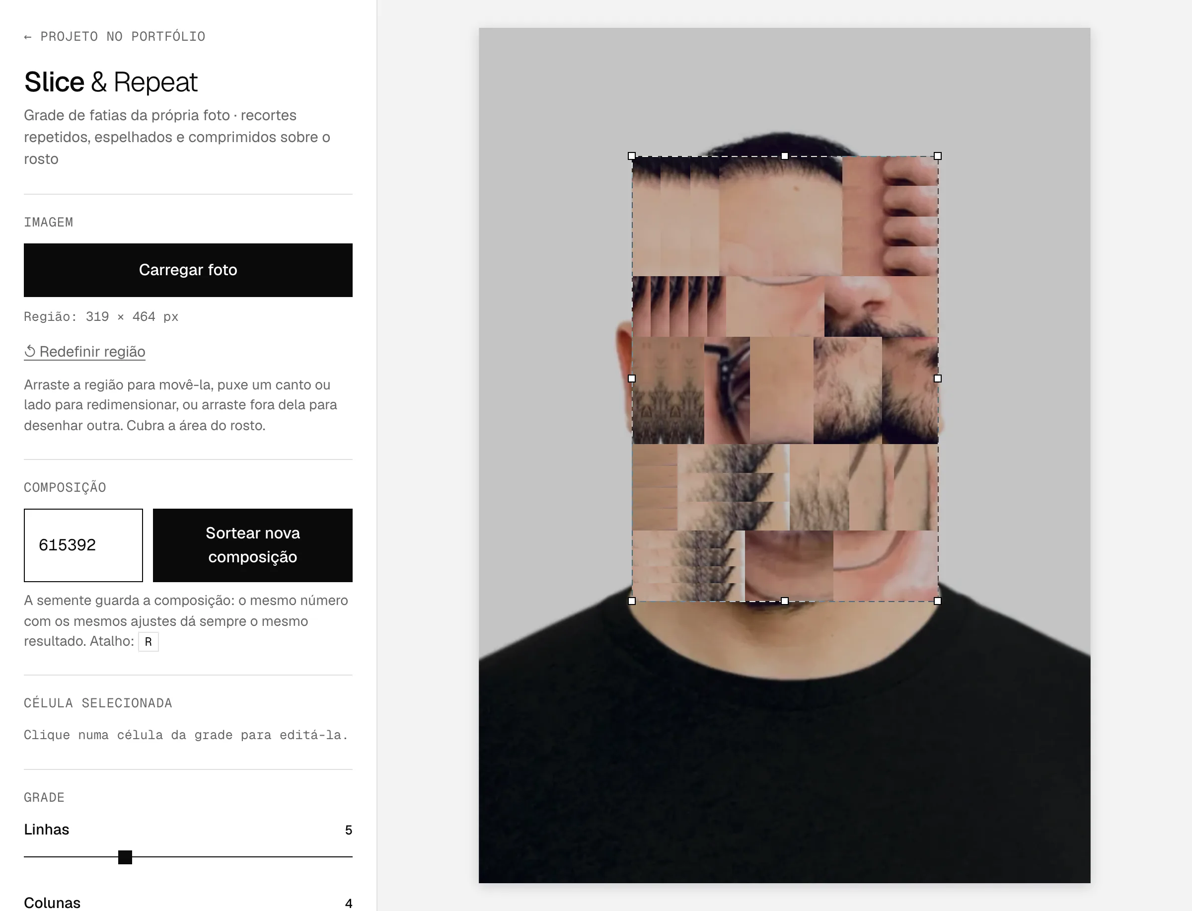 Tela completa da ferramenta Slice & Repeat com a foto de exemplo carregada: painel com imagem, composição, grade, fatias e repetição à esquerda e a pré-visualização com a região do rosto marcada à direita.