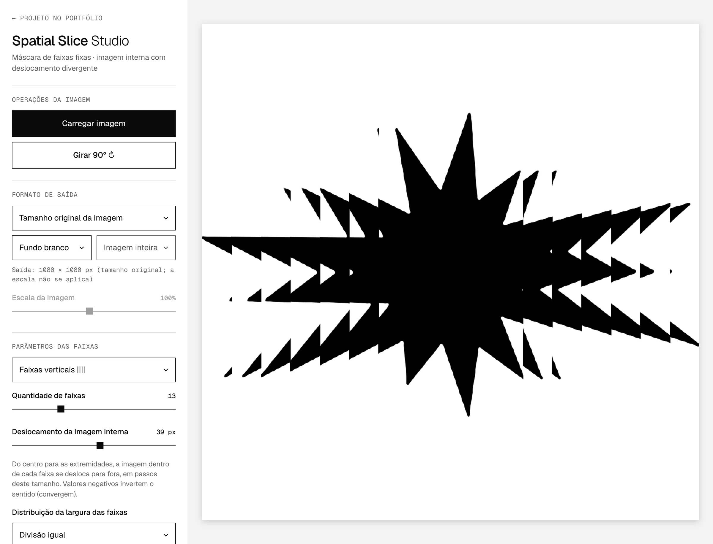 Tela completa da ferramenta Spatial Slice Studio com a estrela de exemplo carregada: painel com operações da imagem, formato de saída e parâmetros das faixas.